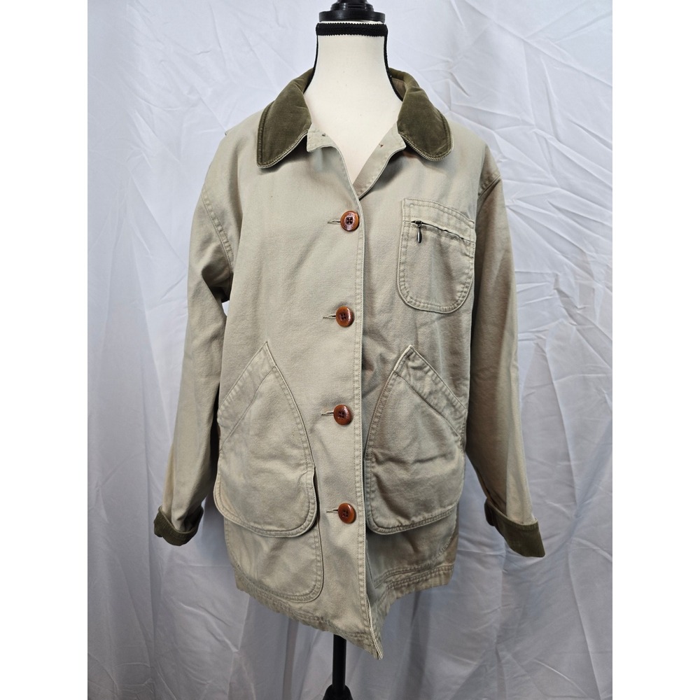 LL Bean Womens Petite Large Field Coat Tan Khaki Flannel Lined Barn Jacket VT77